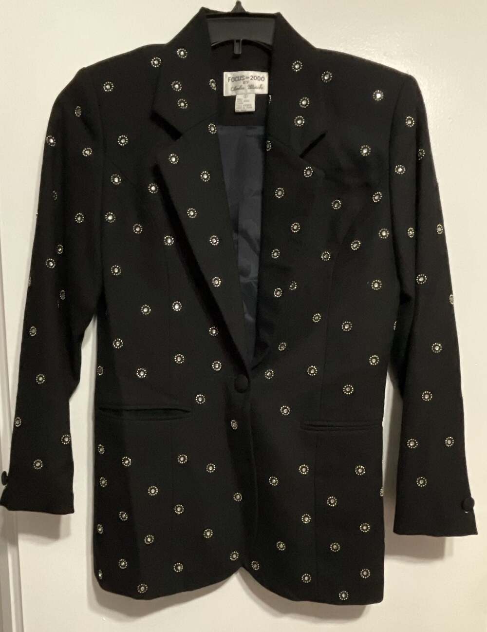VTG Focus 2000 Womans Black Wool Whimsical Rhinestone Studded Blazer Size 6
